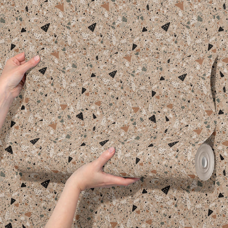 Pink w/ Beige & Black Terrazzo Pattern Wallpaper {Pretty Stones} Wallpaper Sckribbles   