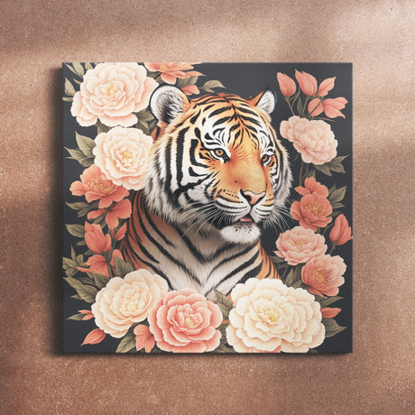 Tiger Surrounded by Flowers Wall Art Canvas {Tiger Portrait V2} Canvas Wall Art Sckribbles   