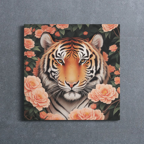 Tiger with Flowers Wall Art Canvas {Tiger Portrait V1} Canvas Wall Art Sckribbles   