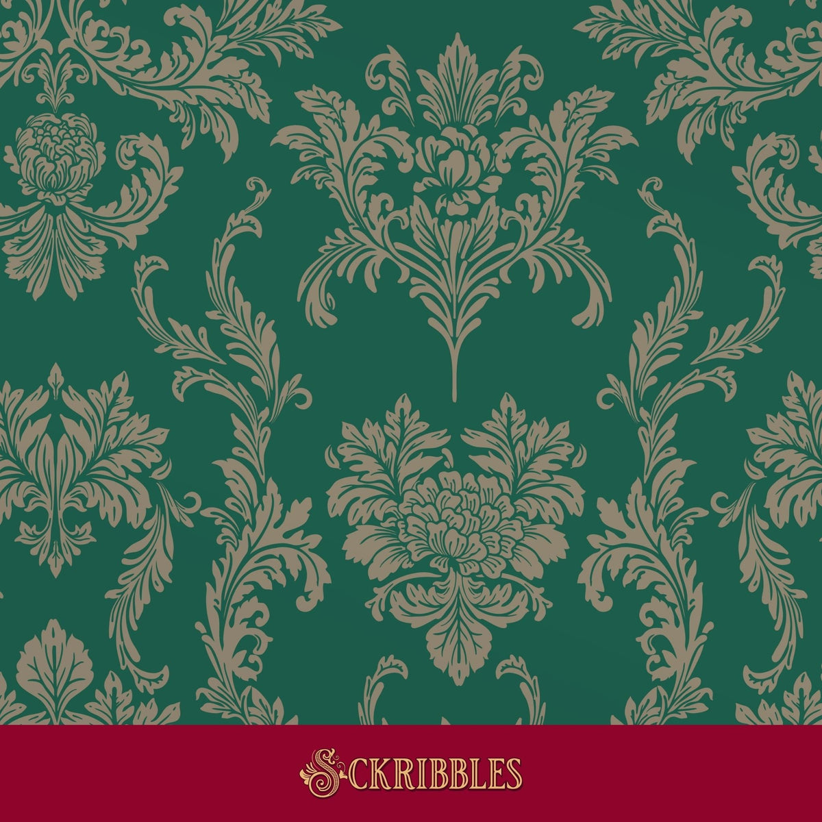 Traditional emerald green damask wallpaper.