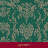 Traditional emerald green damask wallpaper.