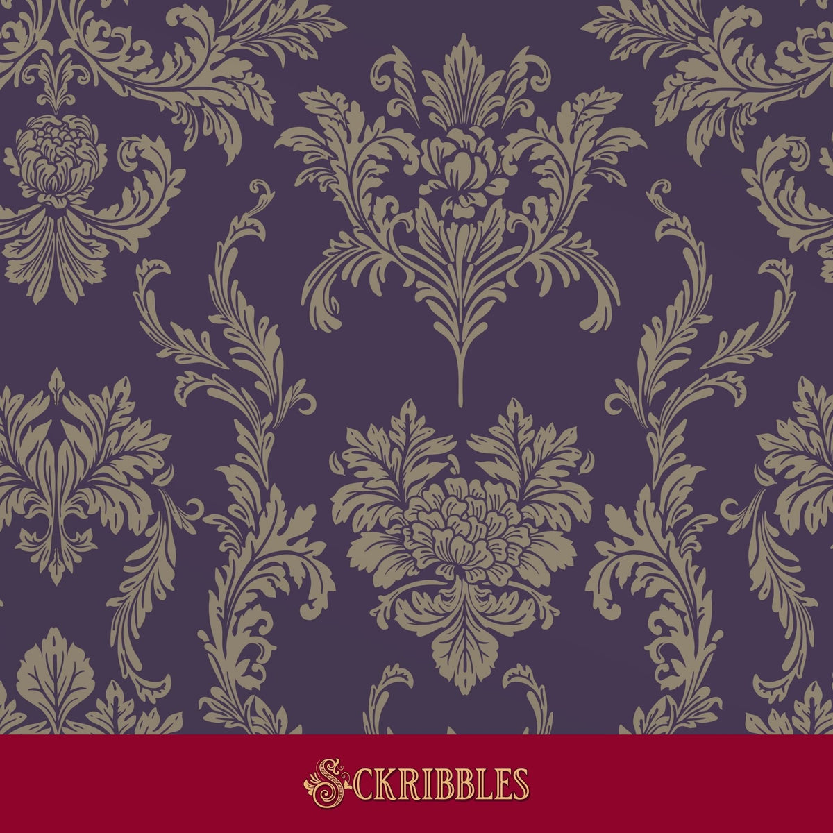 Traditional plum purple damask wallpaper.