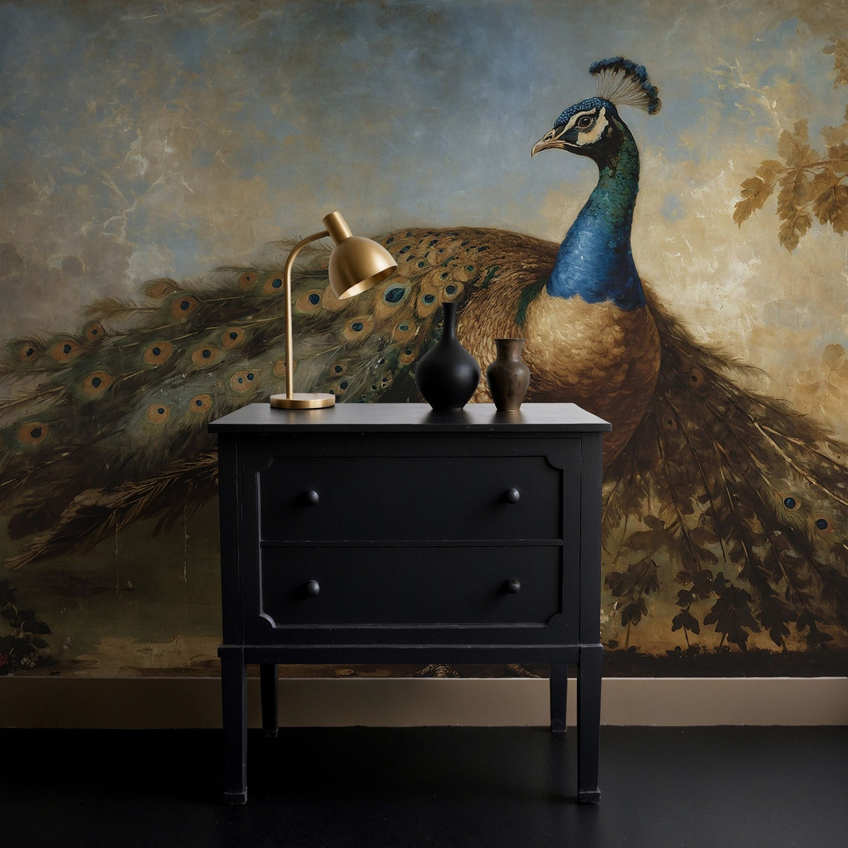 Scenic Peacock Vintage Landscape Wallpaper Mural {Grand Plumage} Wallpaper Sckribbles   