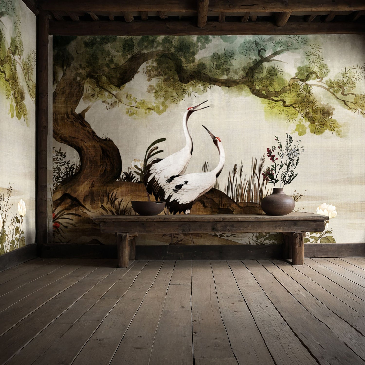 Gentle Cranes | Vintage Japanese Bird Wallpaper Mural Wallpaper Mural Sckribbles