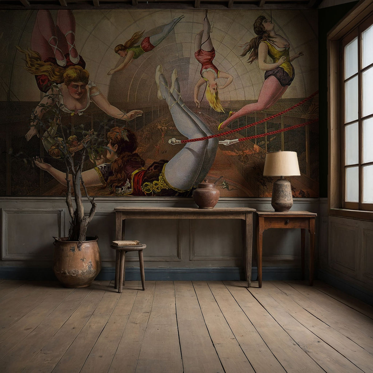 Vintage Circus Acrobats Whimsical Wallpaper Mural {Vaulting Visions} Wallpaper Mural Sckribbles