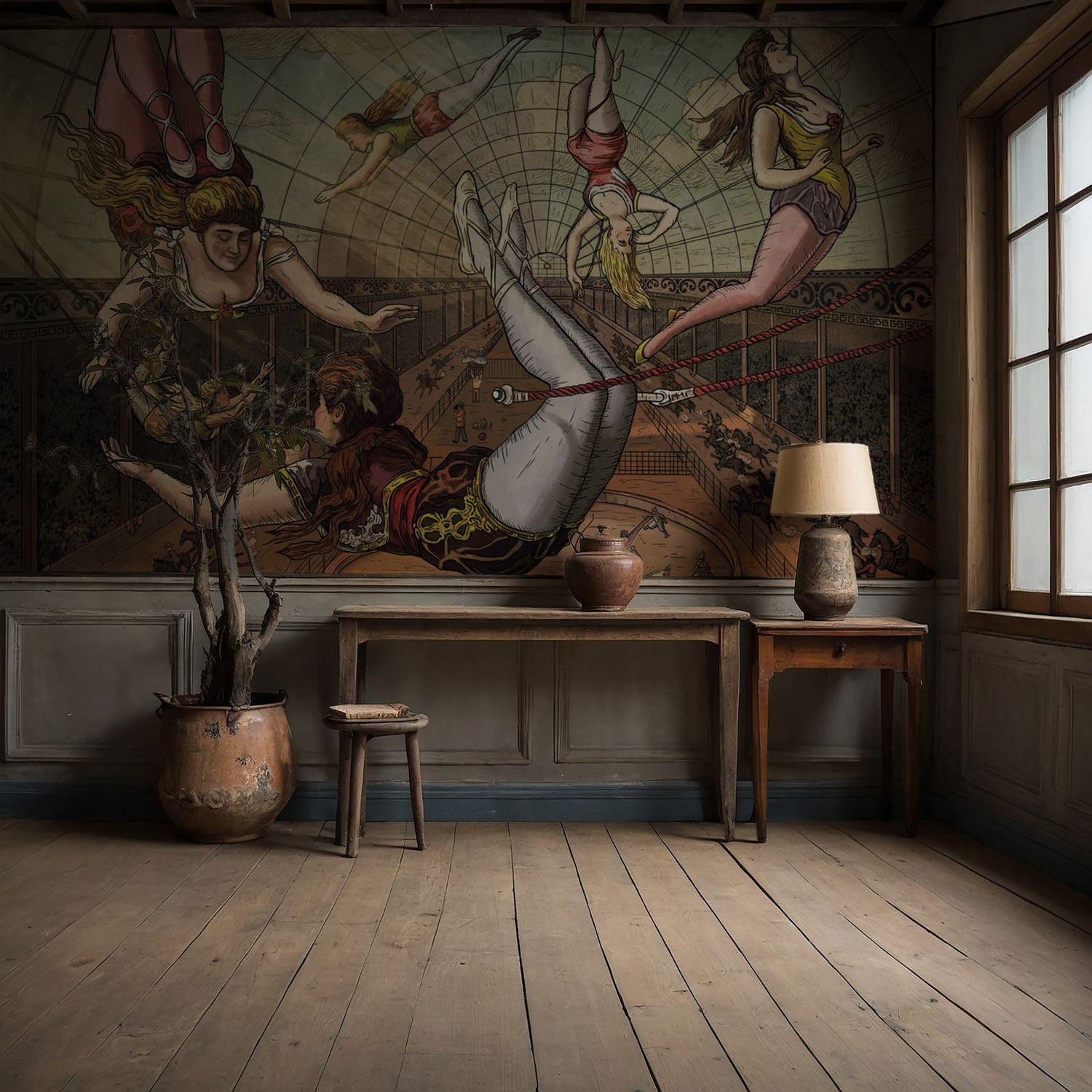 Vaulting Visions | Vintage Circus Acrobats Whimsical Wallpaper Mural Wallpaper Mural Sckribbles