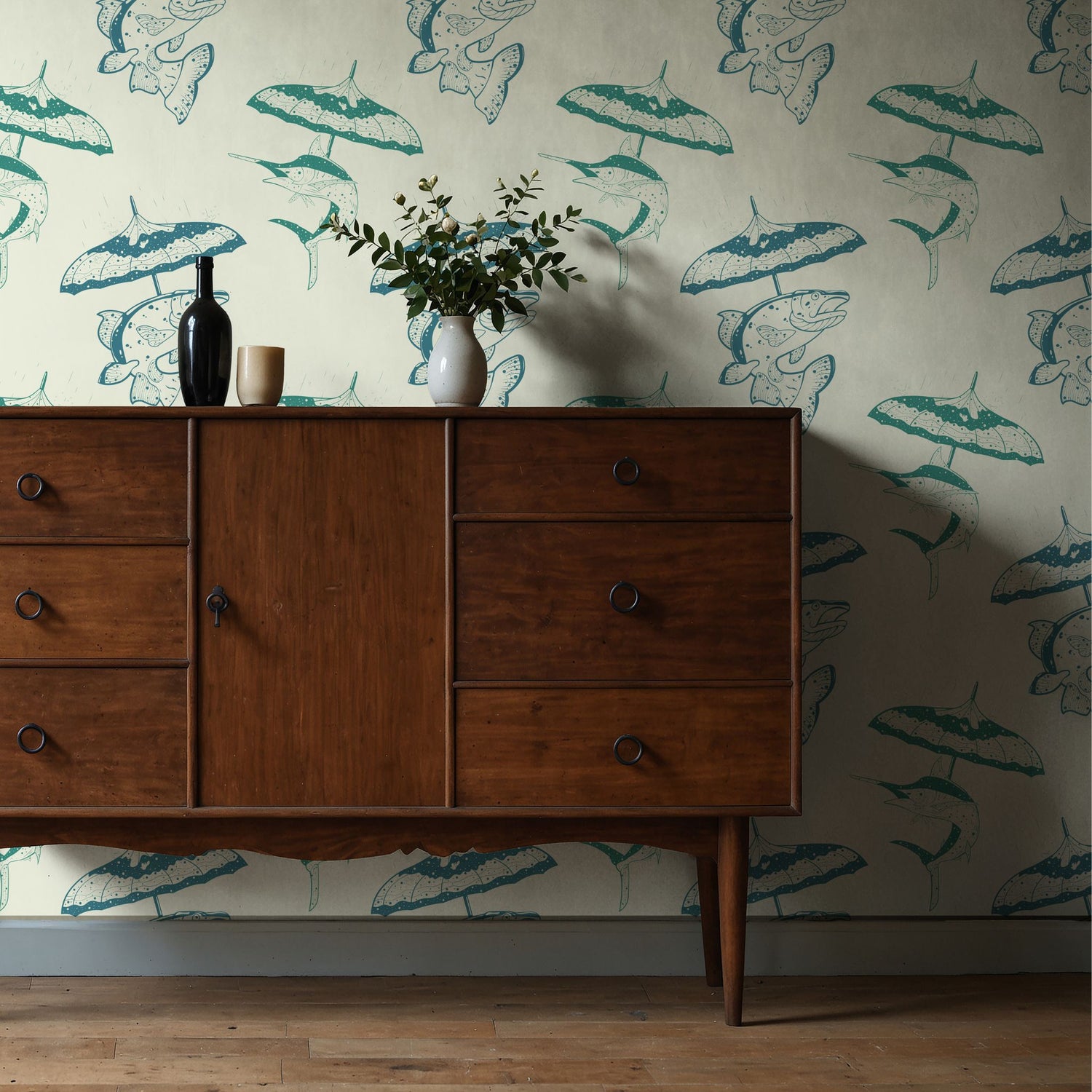 Drizzle & Fins | Fun Playful Fish with Umbrellas Vintage Wallpaper Wallpaper Sckribbles