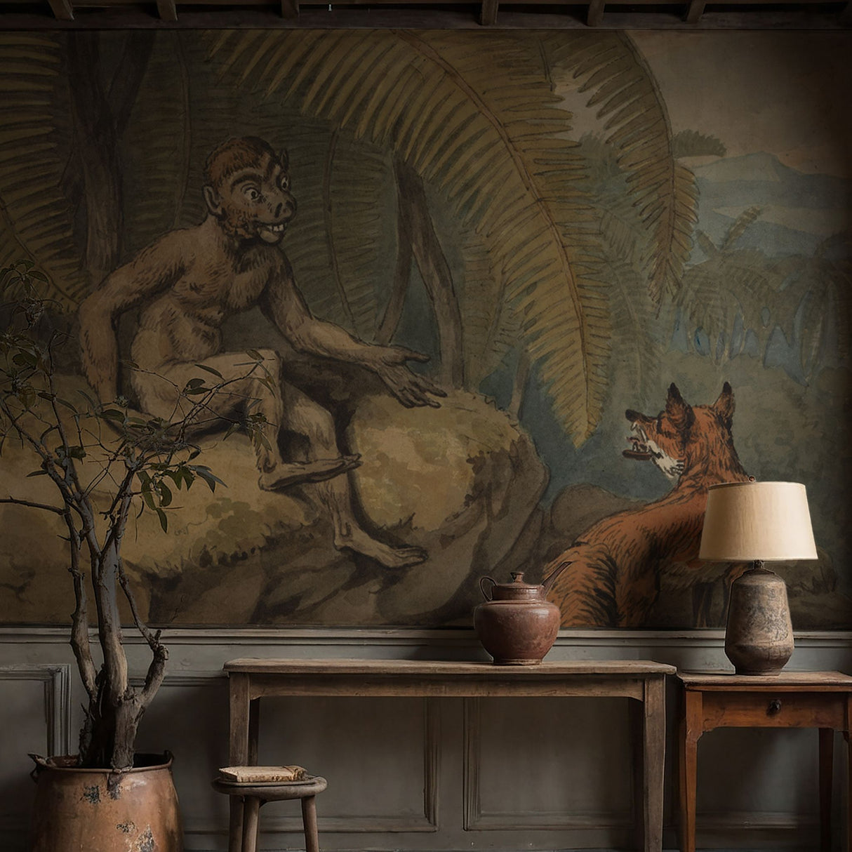 Vintage Muted Rustic Tropical Animal Wallpaper Mural {Monkey & Fox} Wallpaper Mural Sckribbles