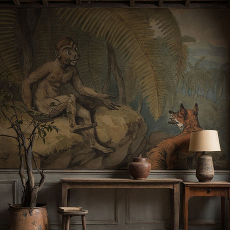Vintage Muted Rustic Tropical Animal Wallpaper Mural {Monkey & Fox} Wallpaper Mural Sckribbles