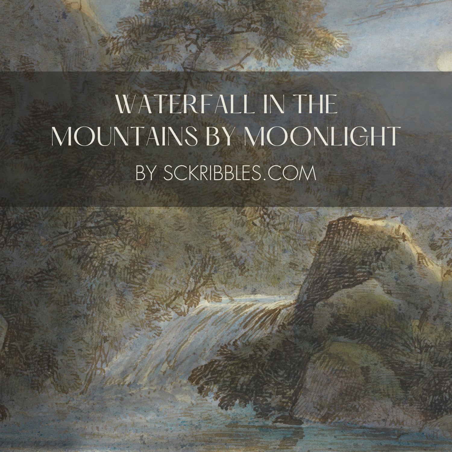 Waterfall in the Mountains by Moonlight | Beautiful Vintage Scenic Landscape Wallpaper Mural Wallpaper Mural Sckribbles