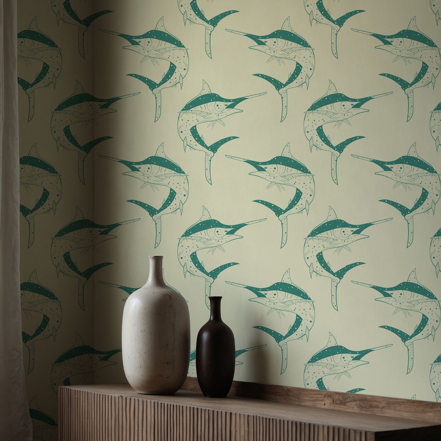 Sword & Sea | Fun Green & Cream Retro Vintage Swordfish Wallpaper Wallpaper Sckribbles