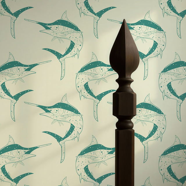 Sword & Sea | Fun Green & Cream Retro Vintage Swordfish Wallpaper Wallpaper Sckribbles