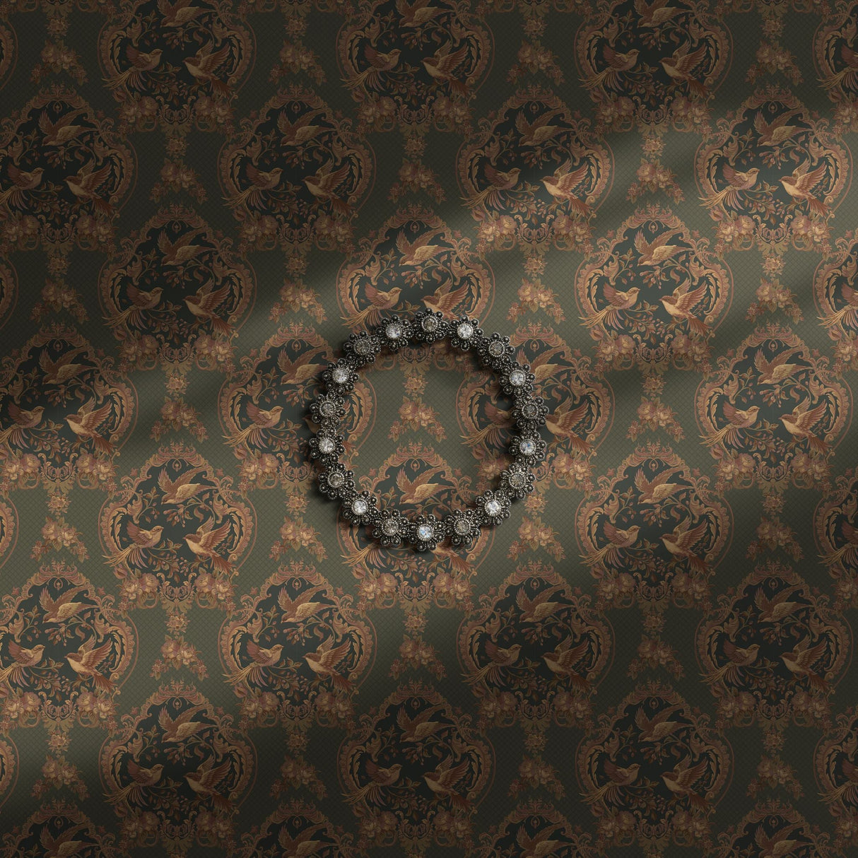 Moody vintage wallpaper with antique-style birds, berries, and flowers.