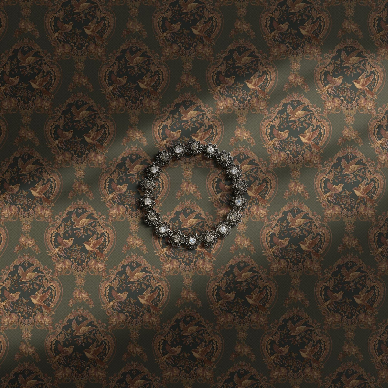 Moody vintage wallpaper with antique-style birds, berries, and flowers.