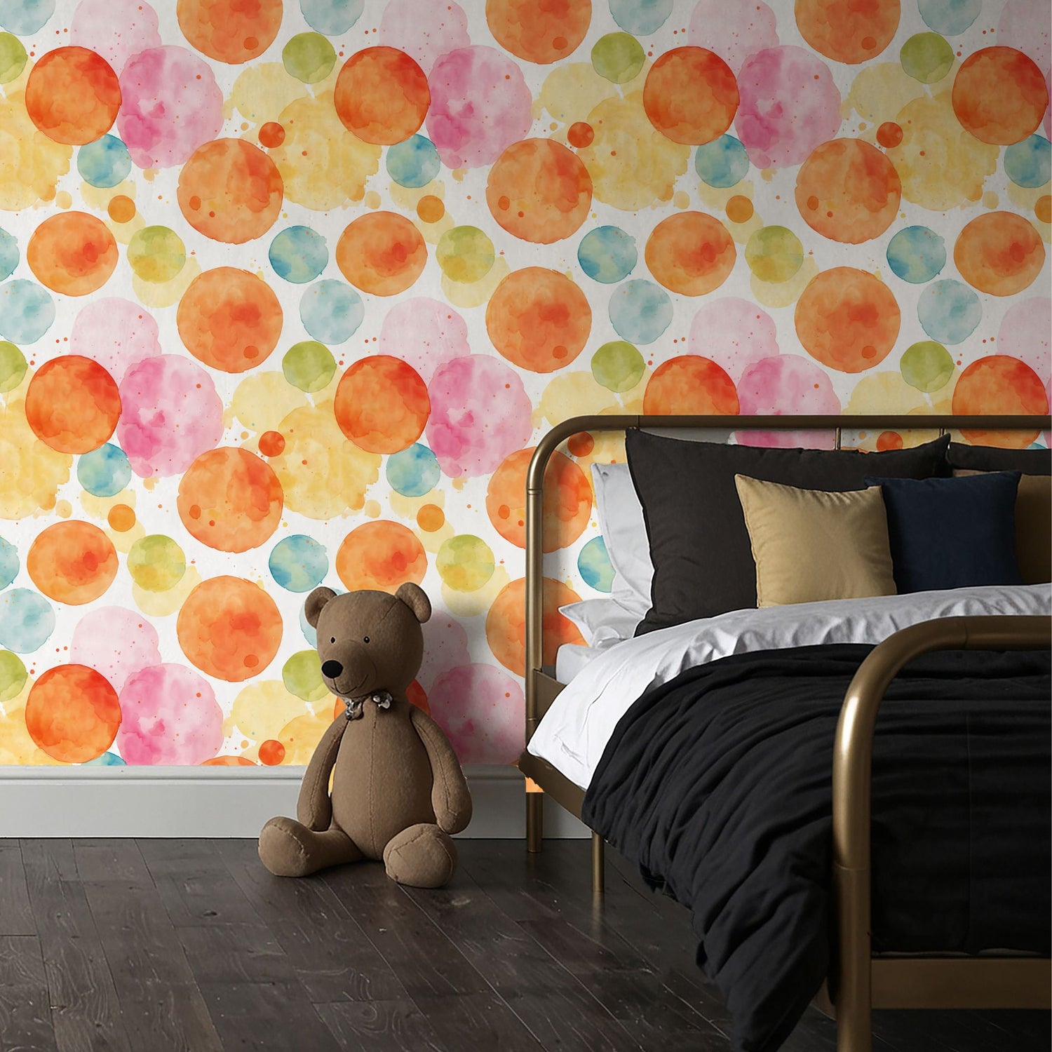 Polka Playtime | Colorful Watercolor Circles Children's Room Wallpaper Wallpaper Sckribbles
