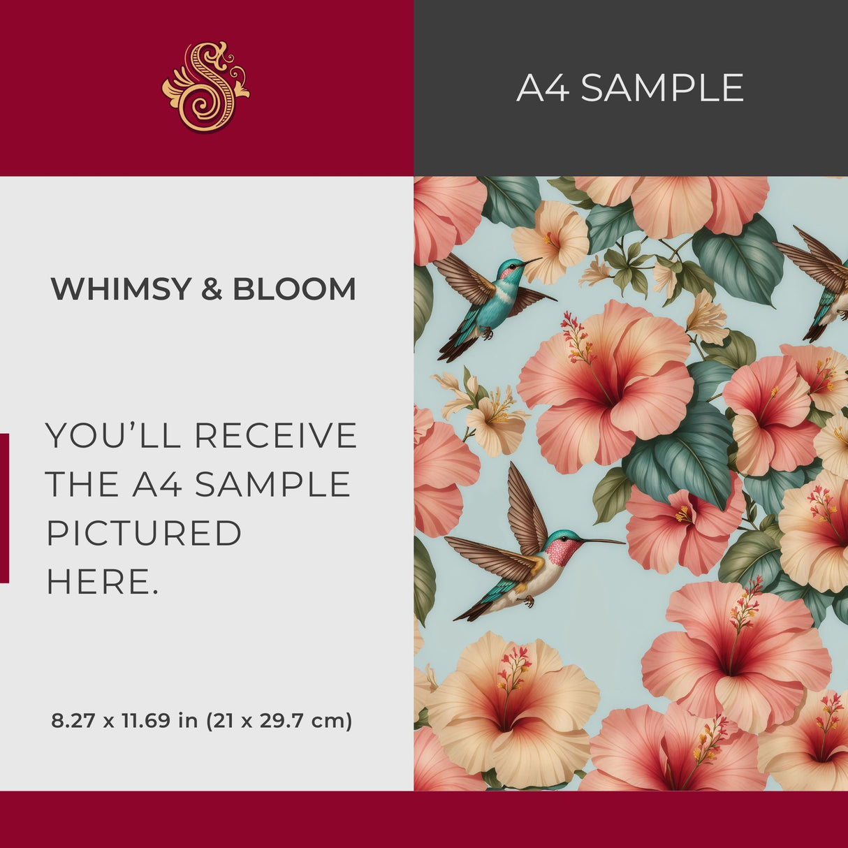 Whimsy & Bloom | Tropical Pastel Hibiscus & Hummingbird Nursery Wallpaper Wallpaper Sckribbles Signature - Premium Non-Woven A4 Sample - 8.3 × 11.7 in (21 × 29.7 cm)