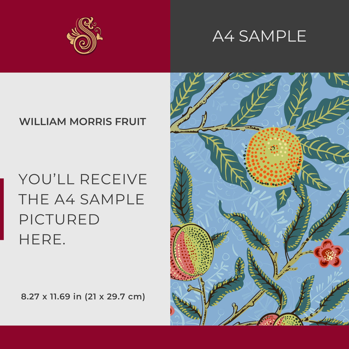 Fruit | Botanical Vintage Pomegranates William Morris Wallpaper Wallpaper Sckribbles Signature - Premium Non-Woven A4 Sample - 8.3 × 11.7 in (21 × 29.7 cm)