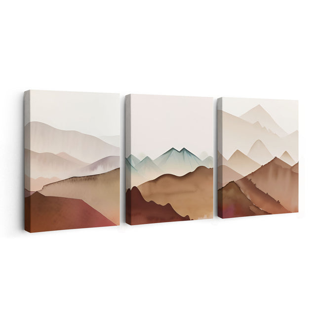 Neutral Brown Watercolor-Style Bohemian Landscape Set of 3 Canvas Wall Art {Dreamy Boho Mountains} Canvas Wall Art Set Sckribbles 3 Panel (16x24)  
