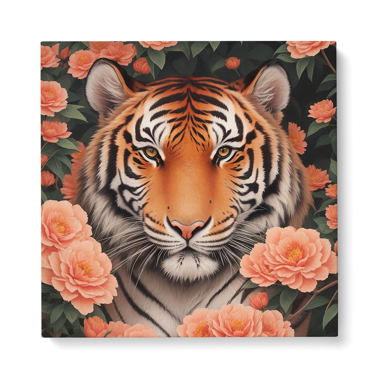 Tiger with Flowers Wall Art Canvas {Tiger Portrait V1} Canvas Wall Art Sckribbles 40x40  