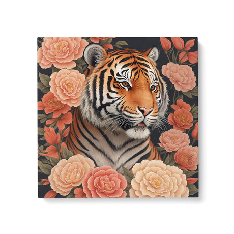 Tiger Surrounded by Flowers Wall Art Canvas {Tiger Portrait V2} Canvas Wall Art Sckribbles 24x24  