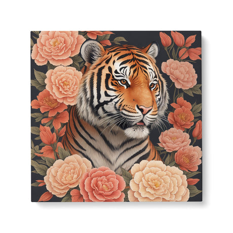 Tiger Surrounded by Flowers Wall Art Canvas {Tiger Portrait V2} Canvas Wall Art Sckribbles 36x36  