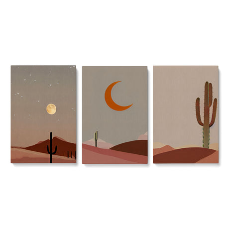 Boho Set of 3 Cactus and Moon Landscape Wall Art Canvas {Boho Cactus} Canvas Wall Art Set Sckribbles   
